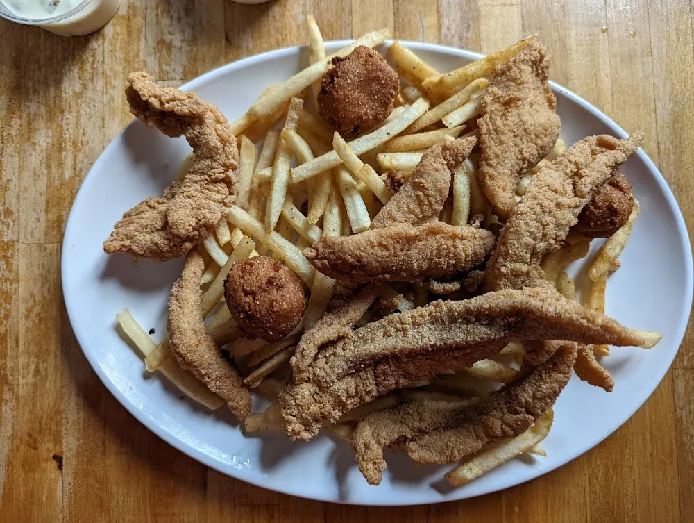 Catfish Dinner w Fries Slaw and Hush Puppies